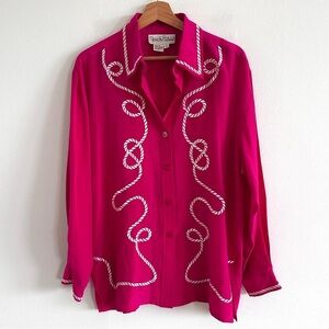 Vintage Diane Von Furstenberg DVF Pink Fuchsia embroidered rope silk shirt